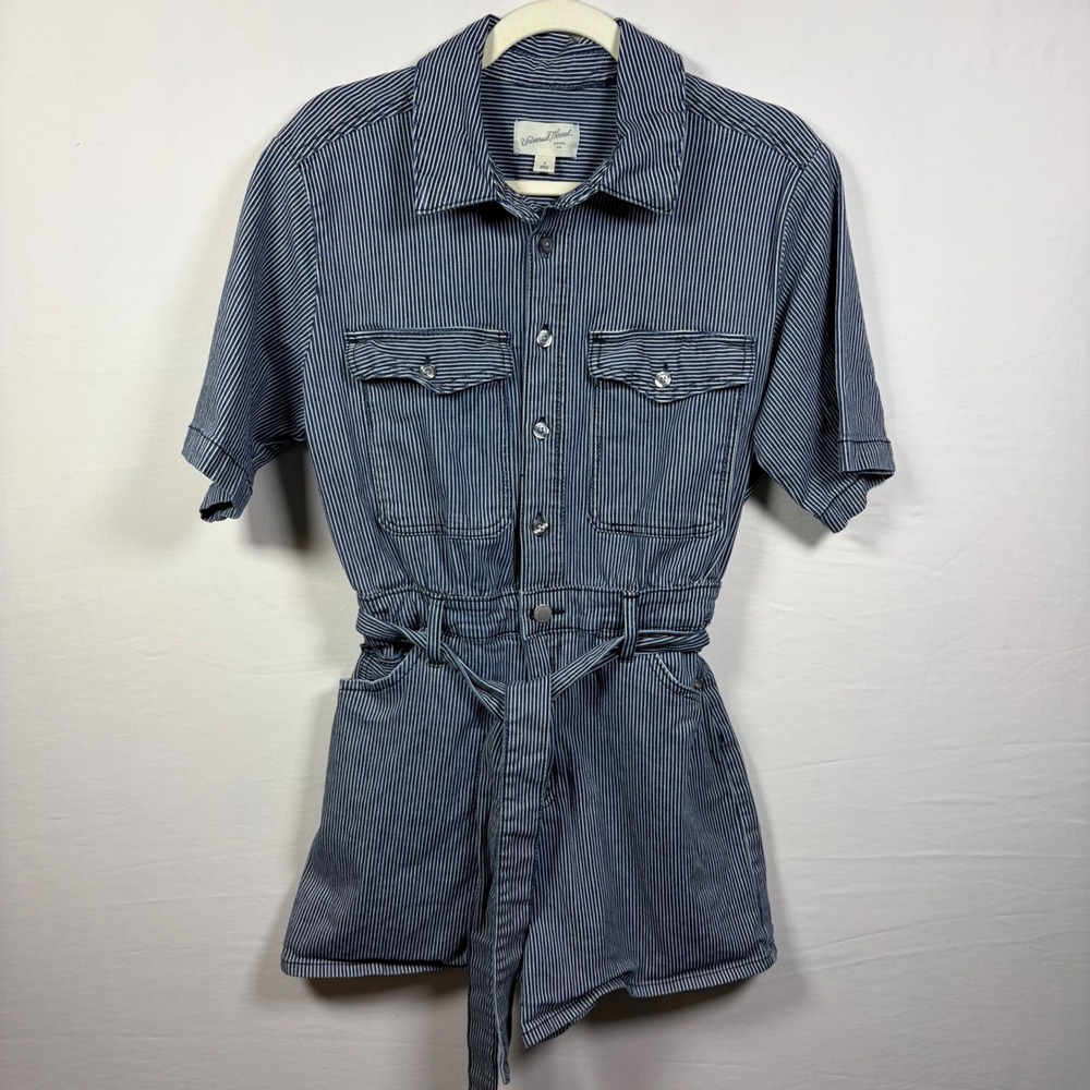Universal Thread Pinstripe Utility Workwear Railroad Casual Chic Romper Sz 8